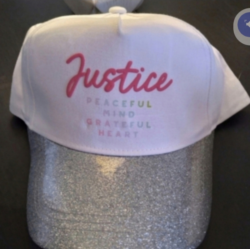 Justice White Silver Pink Cap with NWT Adjustable "Peaceful Mind Grateful Heart"